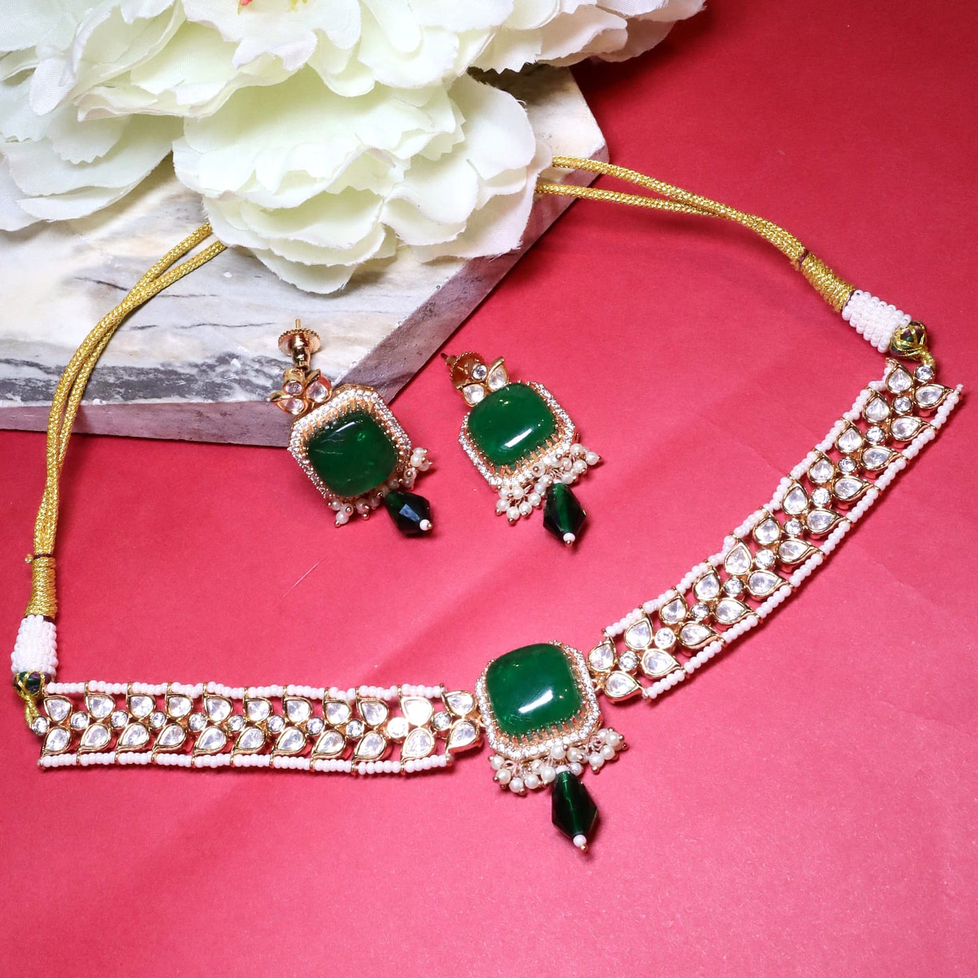 Gold-Plated Polki & Pearl Beaded Choker Set - SIA454313