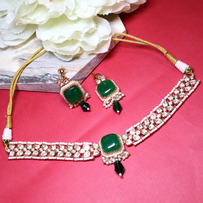 Gold-Plated Polki & Pearl Beaded Choker Set - SIA454313