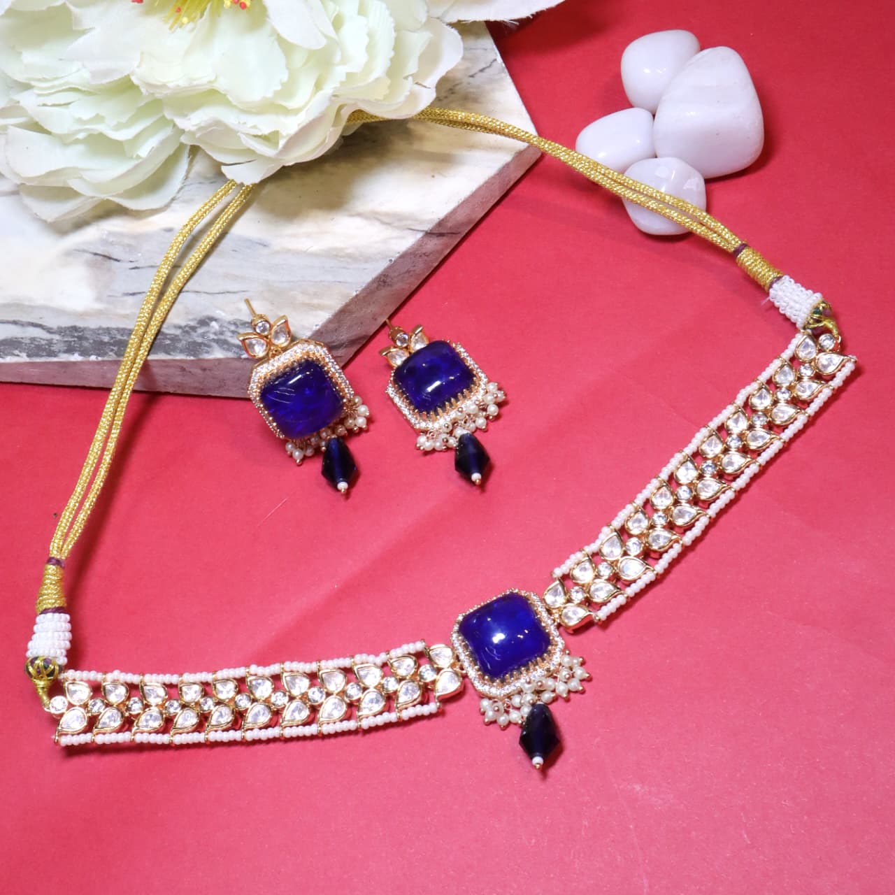 Royal Blue Kundan Pearl Necklace Set - SIA454315