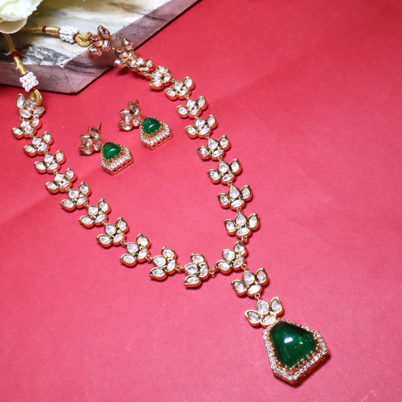 Gold-Toned Floral Polki & Emerald Drop Necklace set - SIA454316