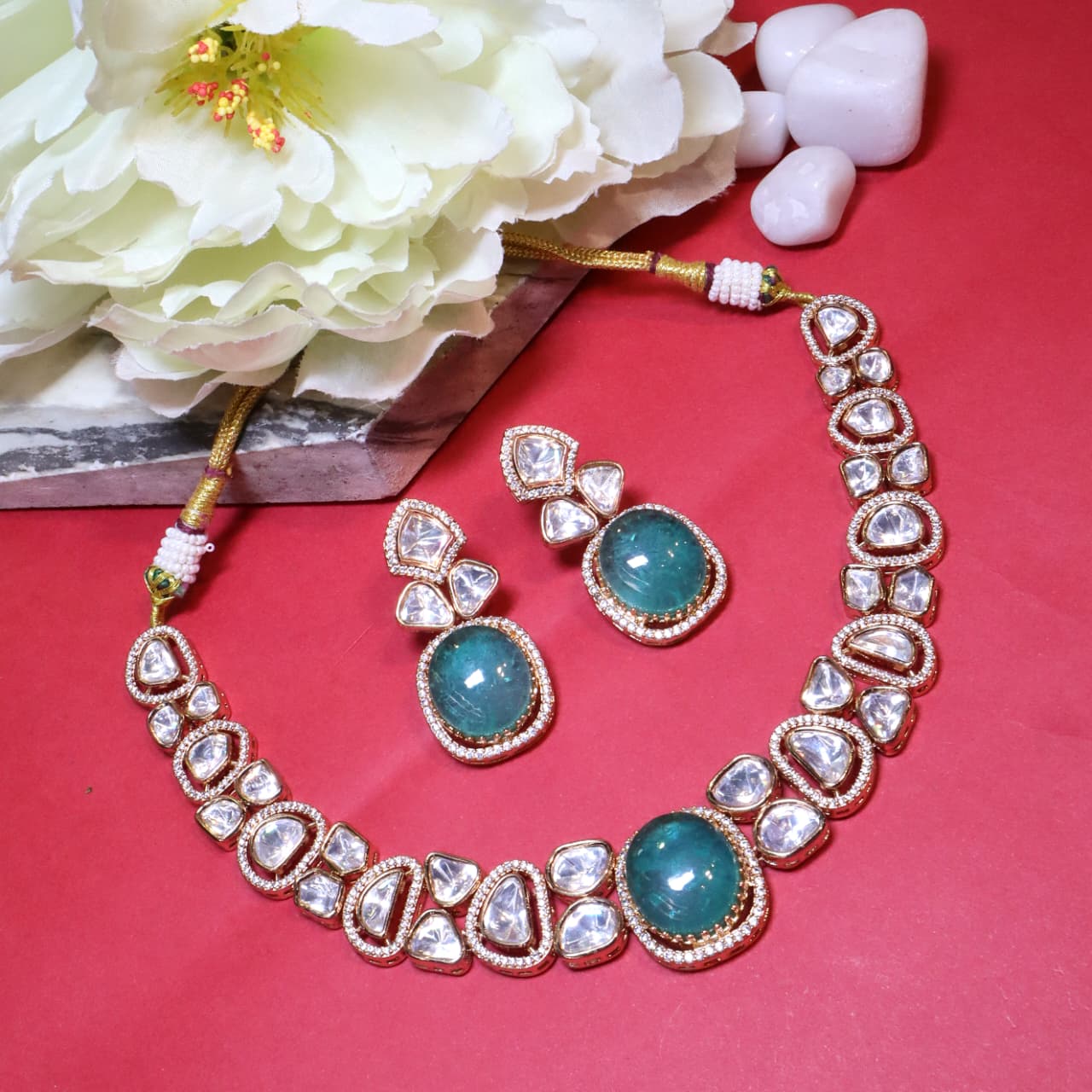 Kundan Style Clear & Sea Green Gemstone Set - SIA454320