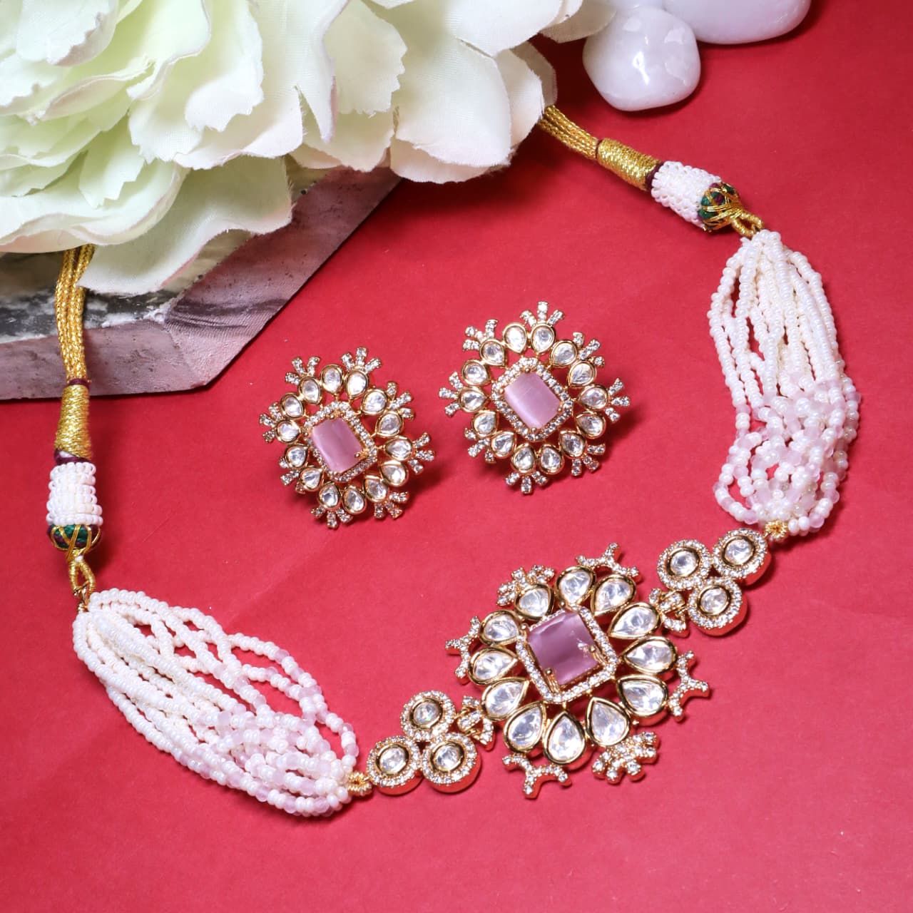 Pink Square Kundan Pearl Necklace Set - SIA454321