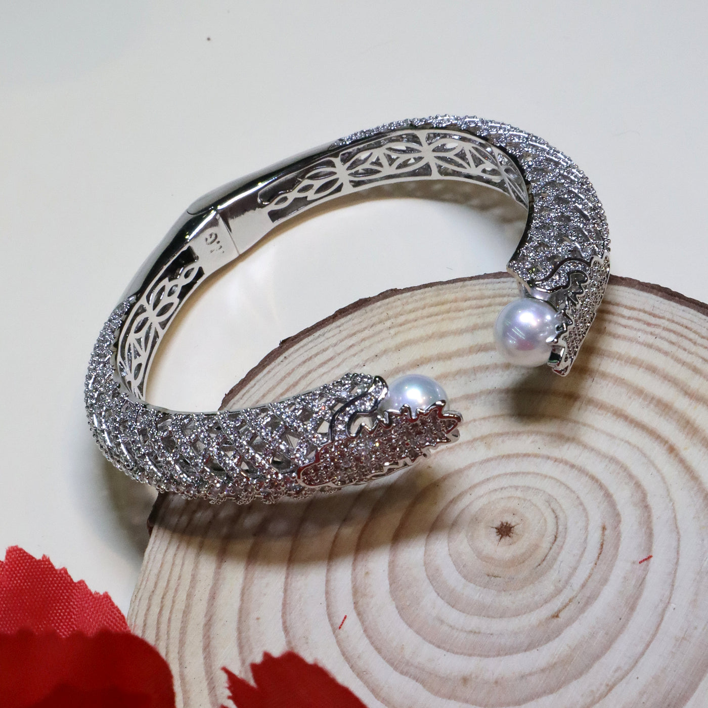 Sparkling Textured Pearl Open Cuff Bracelet - SIA455112