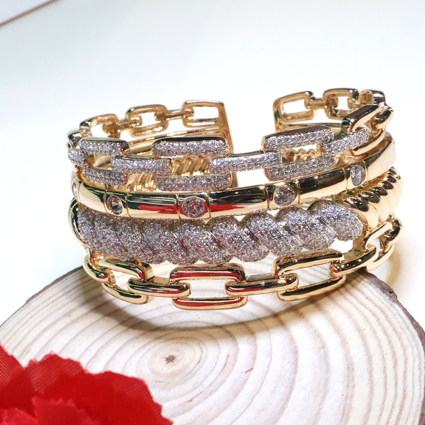 Gold-Tone Stacked Chain Wide Cuff Bracelet - SIA455117