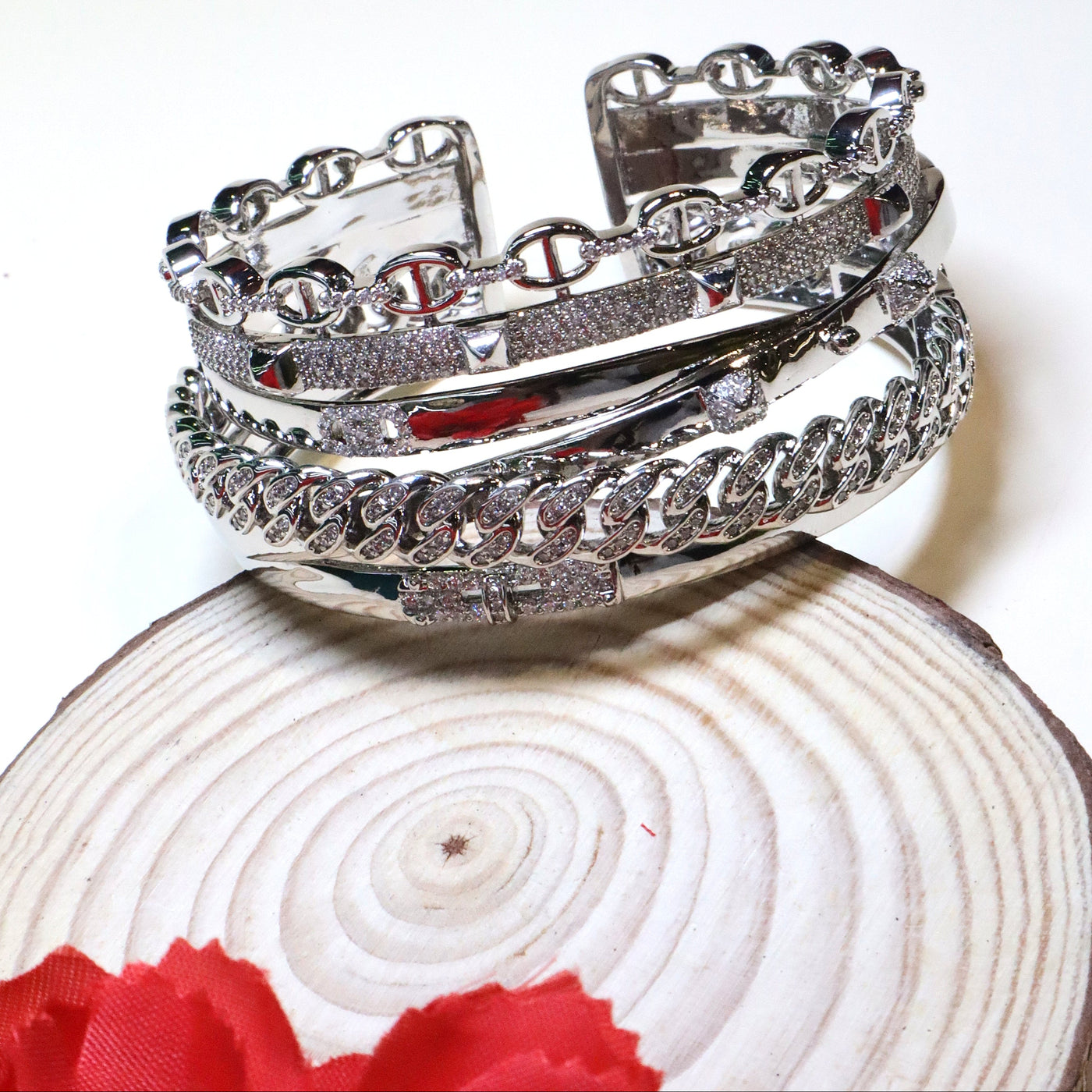 Silver-Tone Stacked Chain Wide Cuff Bracelet - SIA455118