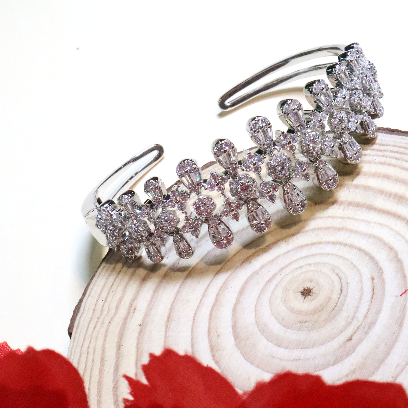 Silver-Tone Floral Crystal Cluster Open Cuff Bracelet - SIA455130