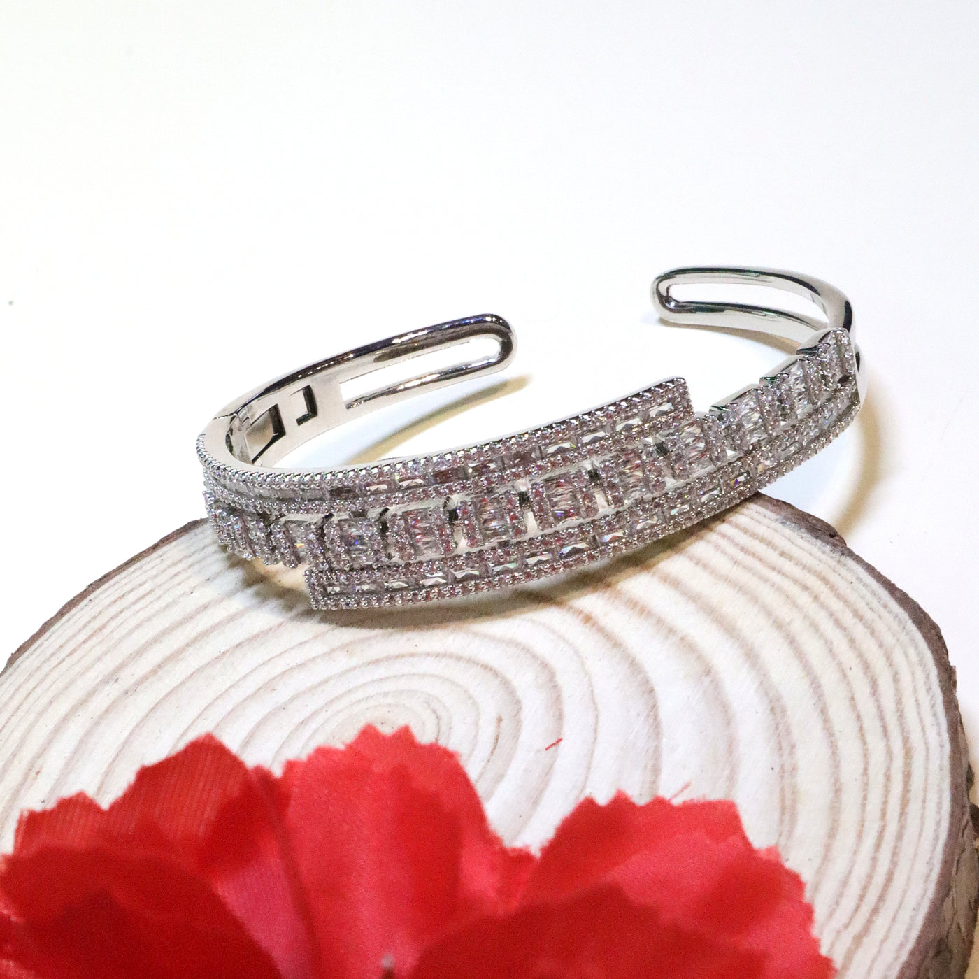 Silver Rectangular Crystal Wide Open Cuff Bracelet - SIA455134