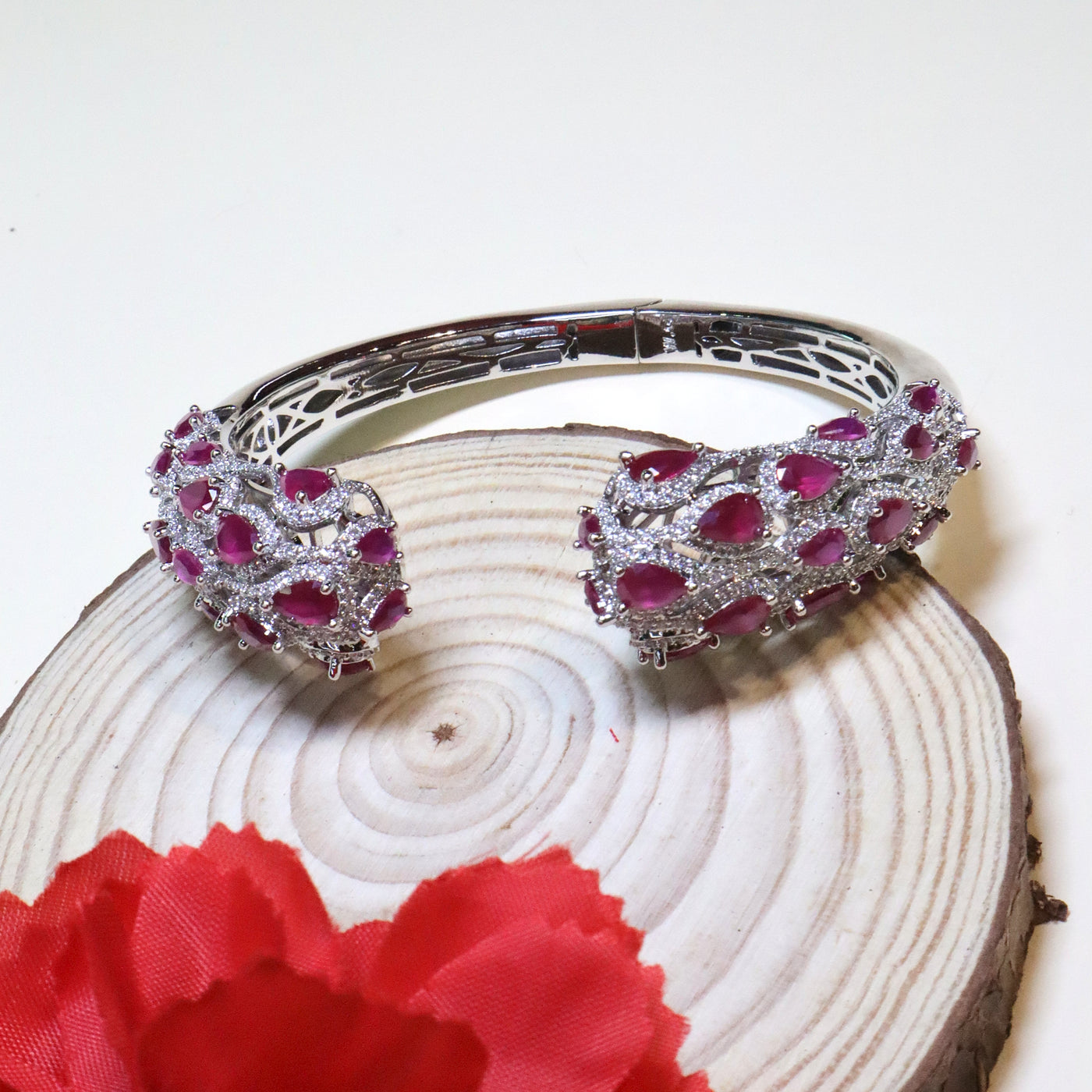 Silver-Tone Ruby Cluster Open Cuff Bracelet - SIA455143