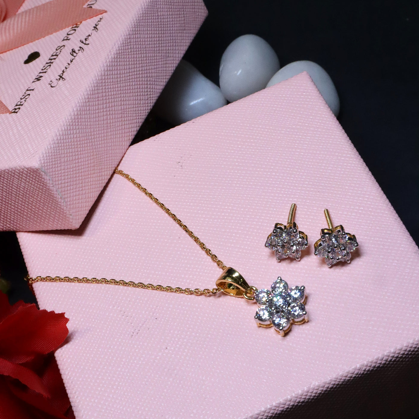 92.5 Sterling Silver - Flower-Shaped Diamond Pendant and Stud Earrings Set - SIA455293