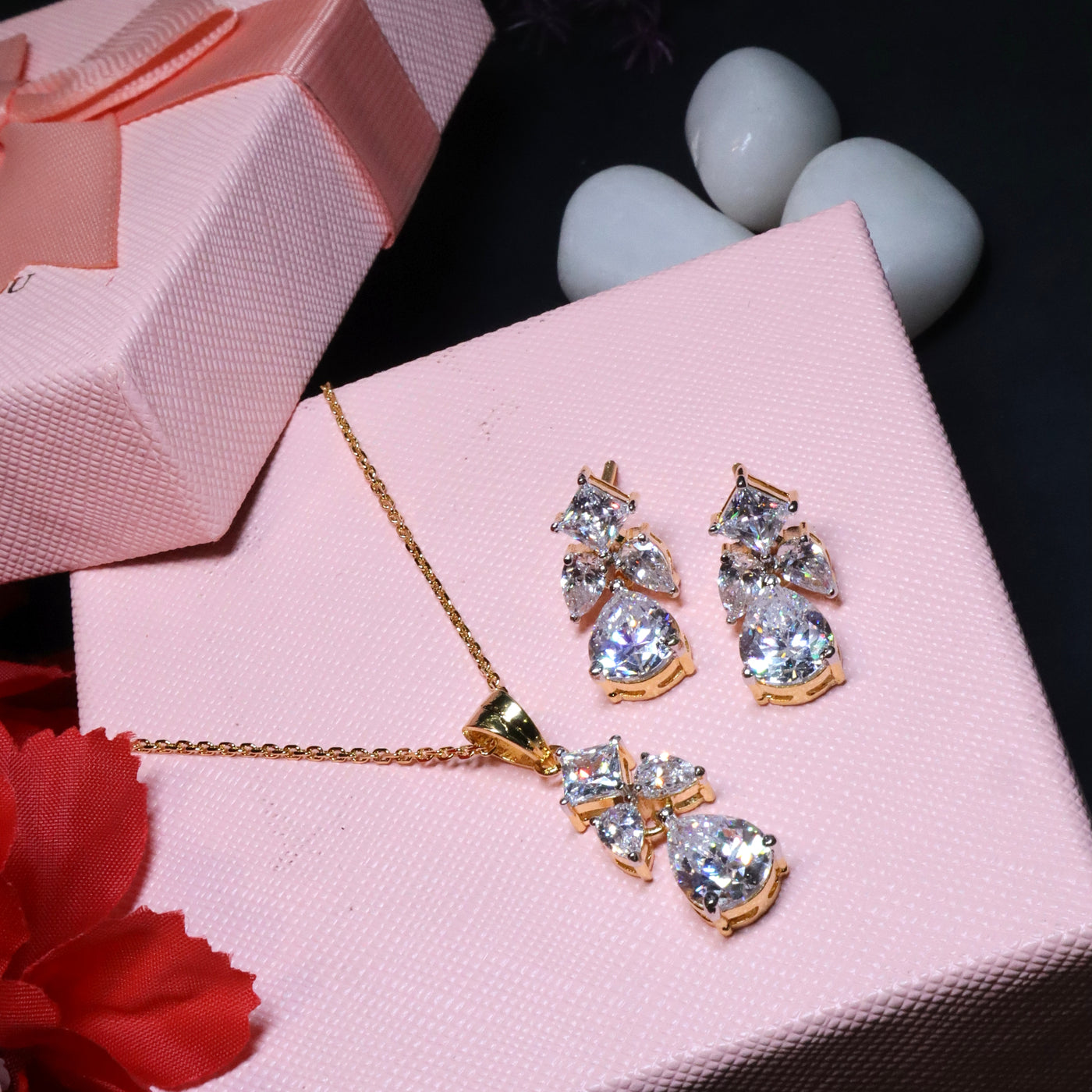 92.5 Sterling Silver - Sparkling Teardrop and Marquise Cut Diamond Pendant and Earring Set - SIA455294