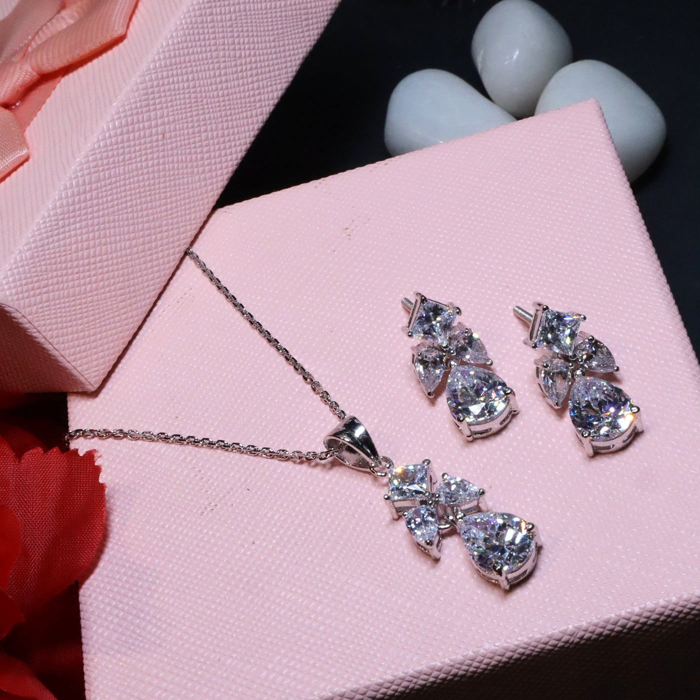 92.5 Sterling Silver - Sparkling Teardrop and Marquise Cut Diamond Pendant and Earring Set - SIA455295