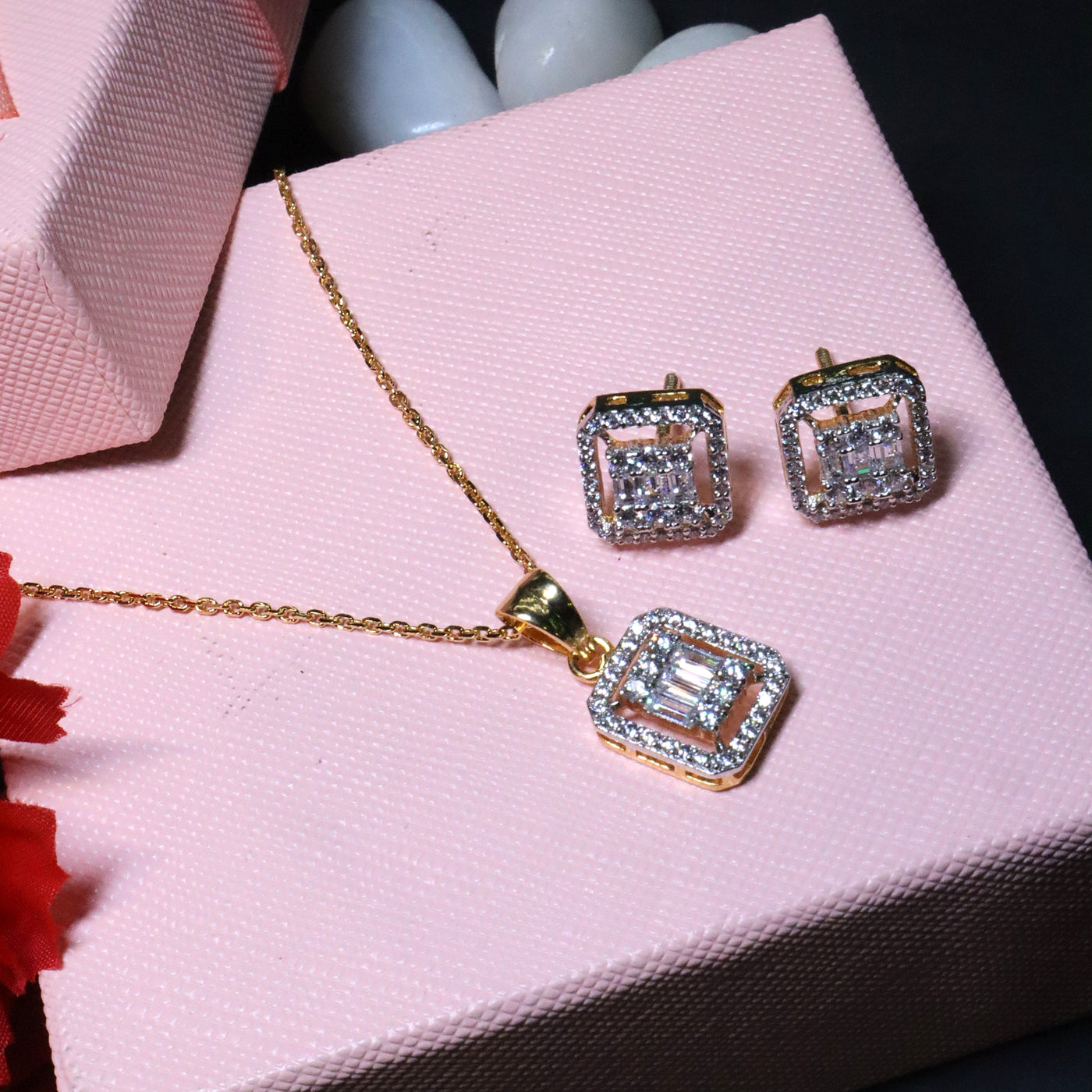 92.5 Sterling Silver - Round Diamond Pendant and Stud Earring Set - SIA455298