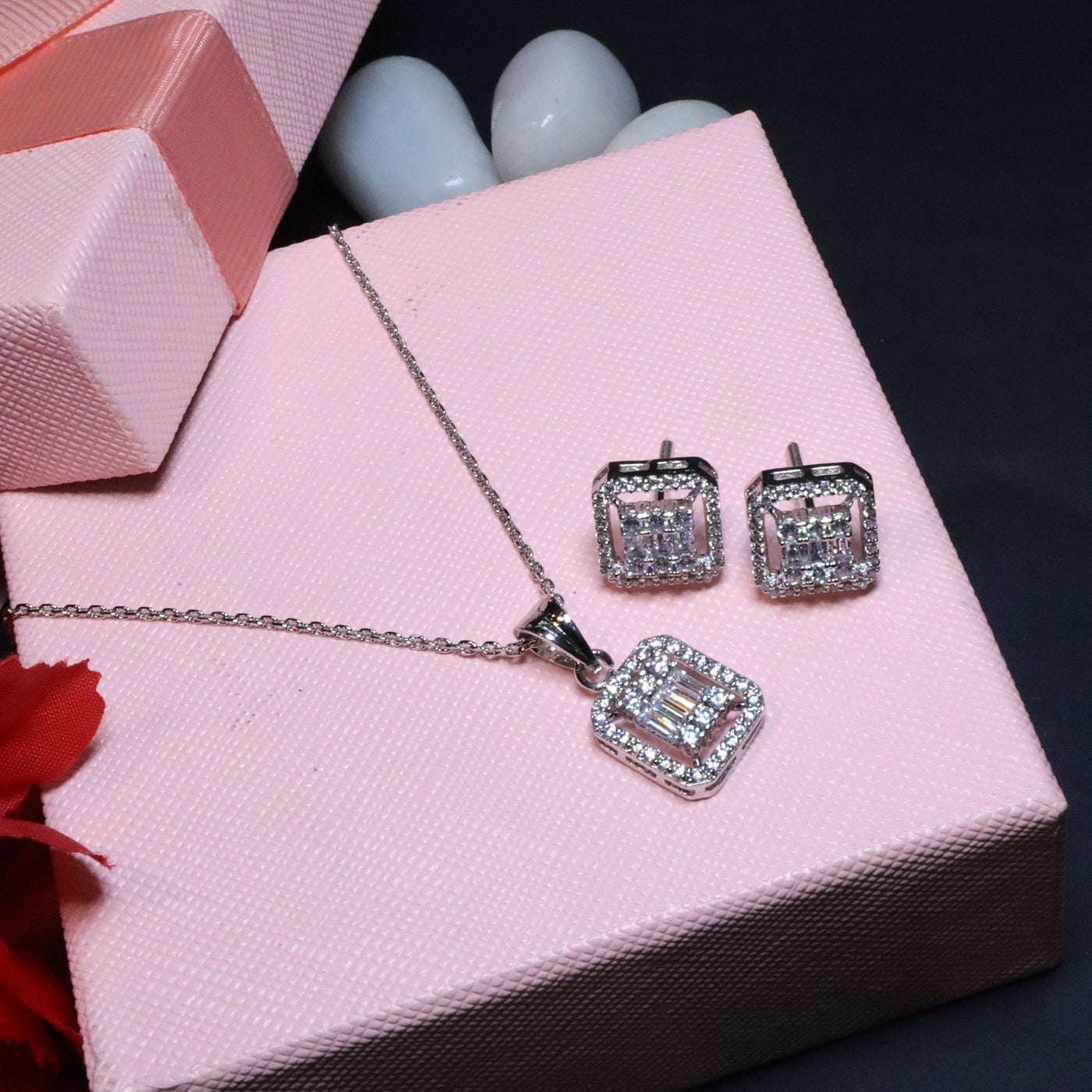 92.5 Sterling Silver - Round Diamond Pendant and Stud Earring Set - SIA455299