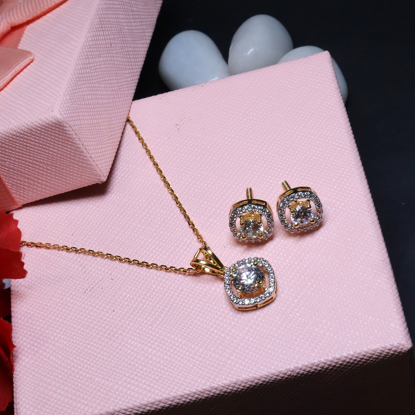 92.5 Sterling Silver - 
Halo Diamond Pendant and Stud Earrings Set - SIA455300