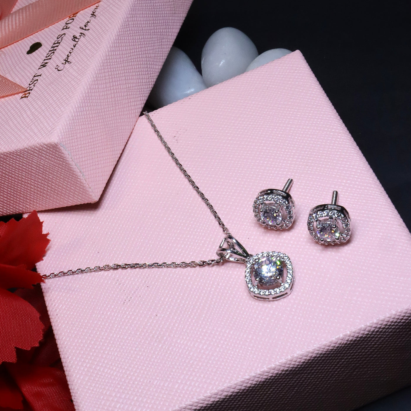 92.5 Sterling Silver - 
Halo Diamond Pendant and Stud Earrings Set - SIA455301