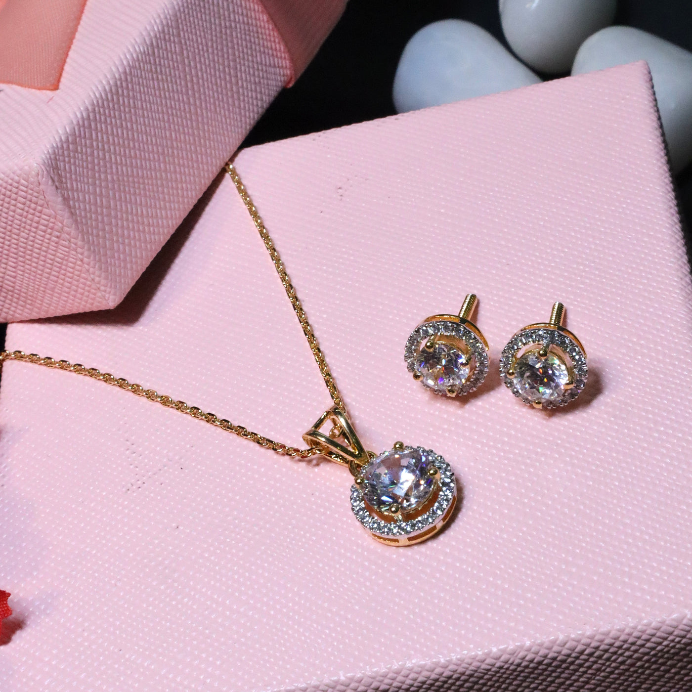92.5 Sterling Silver - 
Circular Halo Diamond Pendant and Matching Stud Earrings Set - SIA455302