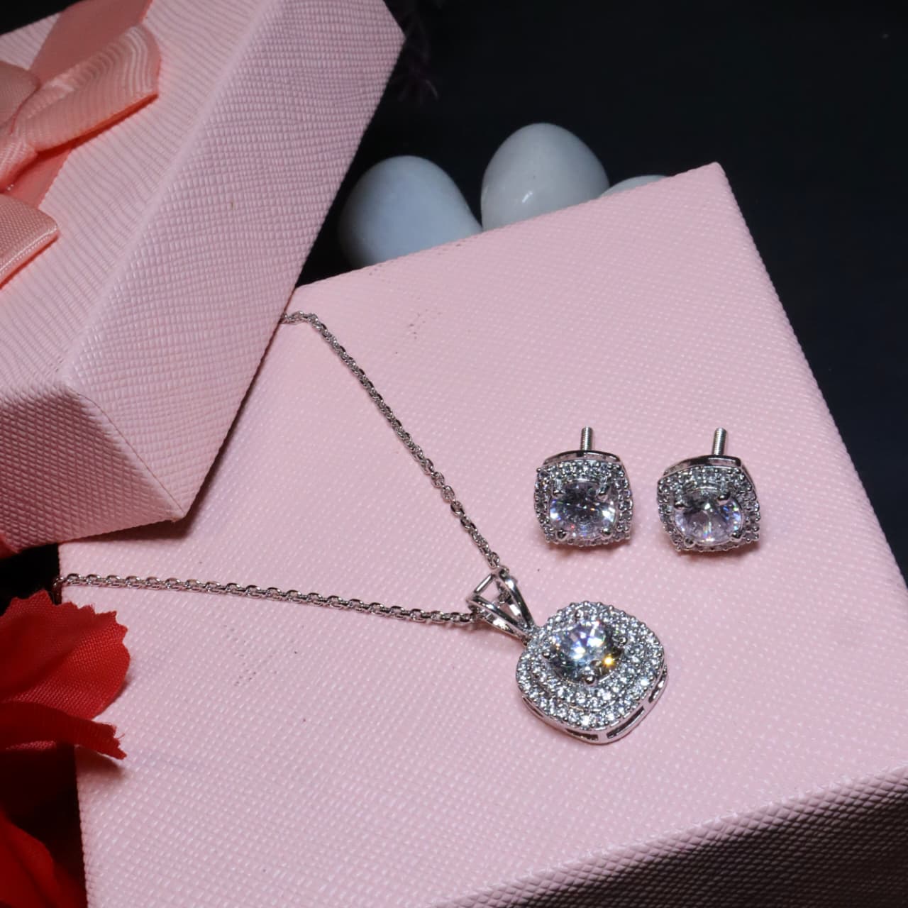 92.5 Sterling Silver - Silver-Toned Cushion-Cut Diamond Halo Pendant and Earring Set - SIA455305