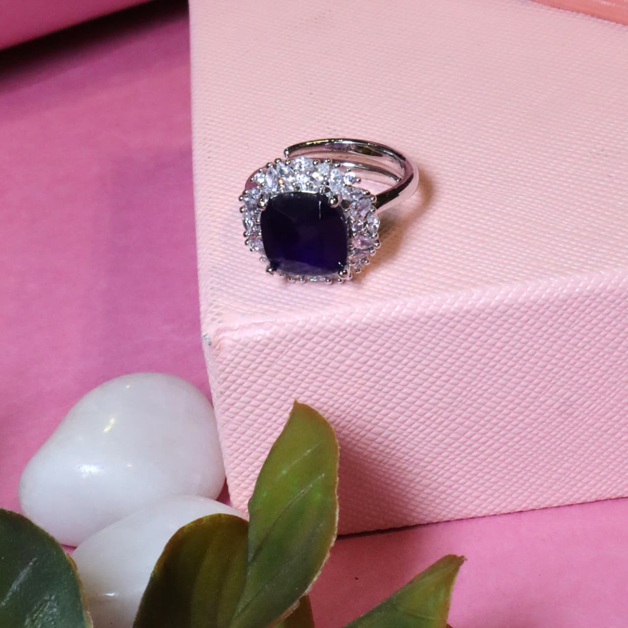 Stunning Silver Ring with a Large Cushion-Cut Purple Stone and Zircon Halo - SIA455455