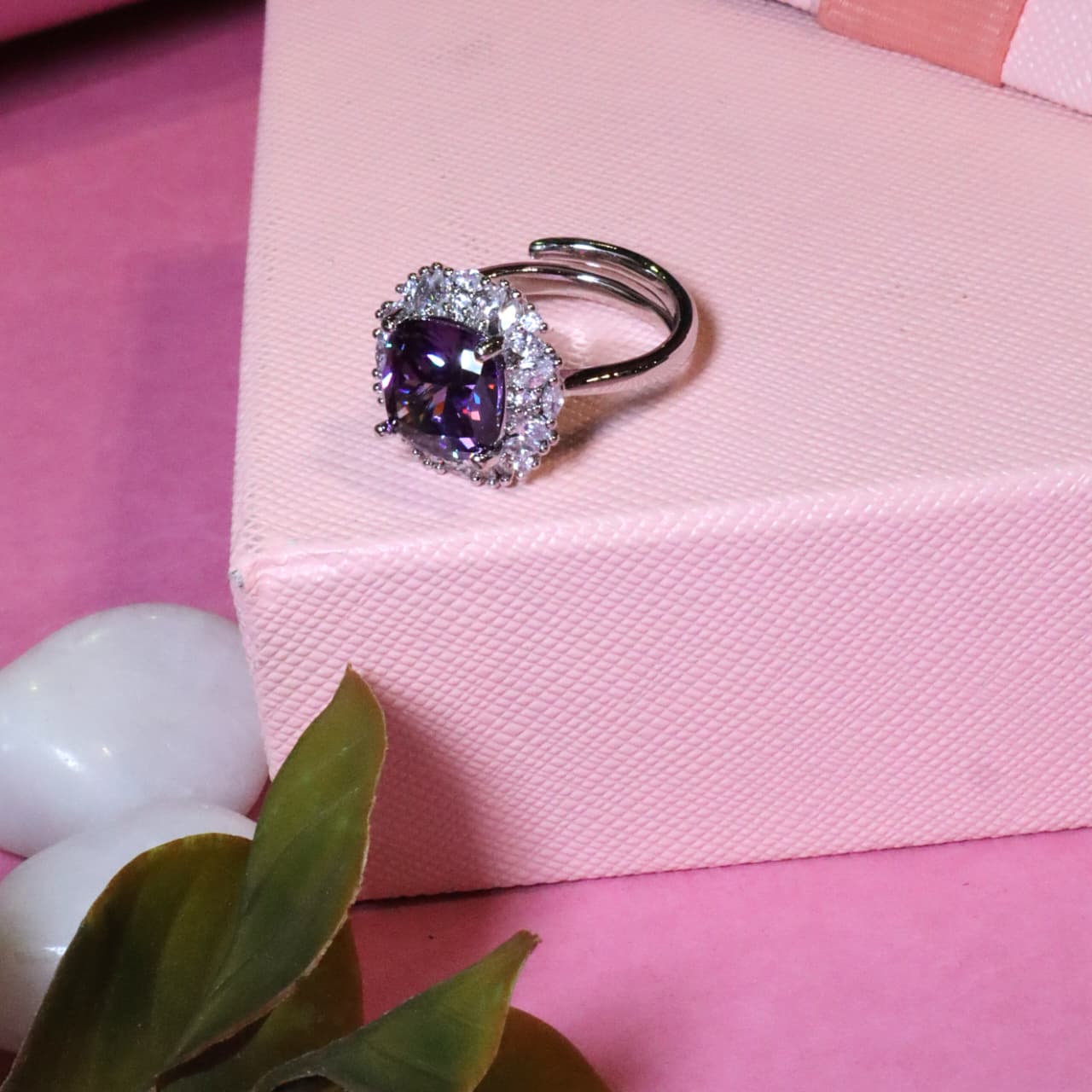 Exquisite Adjustable Ring with Purple Gemstone and Halo of Clear CZ Stones - SIA455456