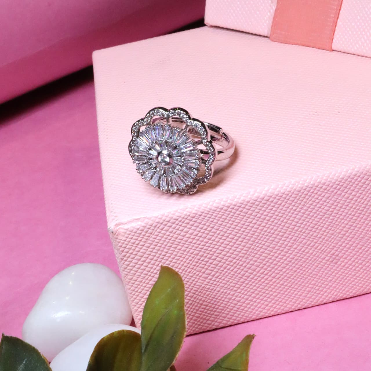 Ornate Silver Flower Ring with Radial Baguette-Cut Zircon Center and Scalloped Halo - SIA455458