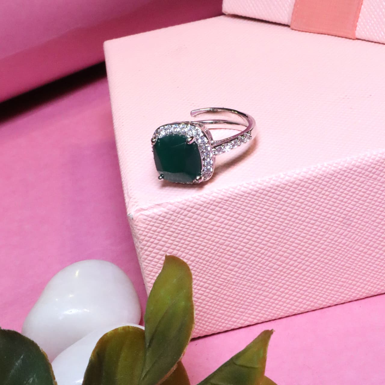 Elegant Adjustable Silver Ring with Cushion-Cut Green Gemstone and CZ Halo - SIA455462