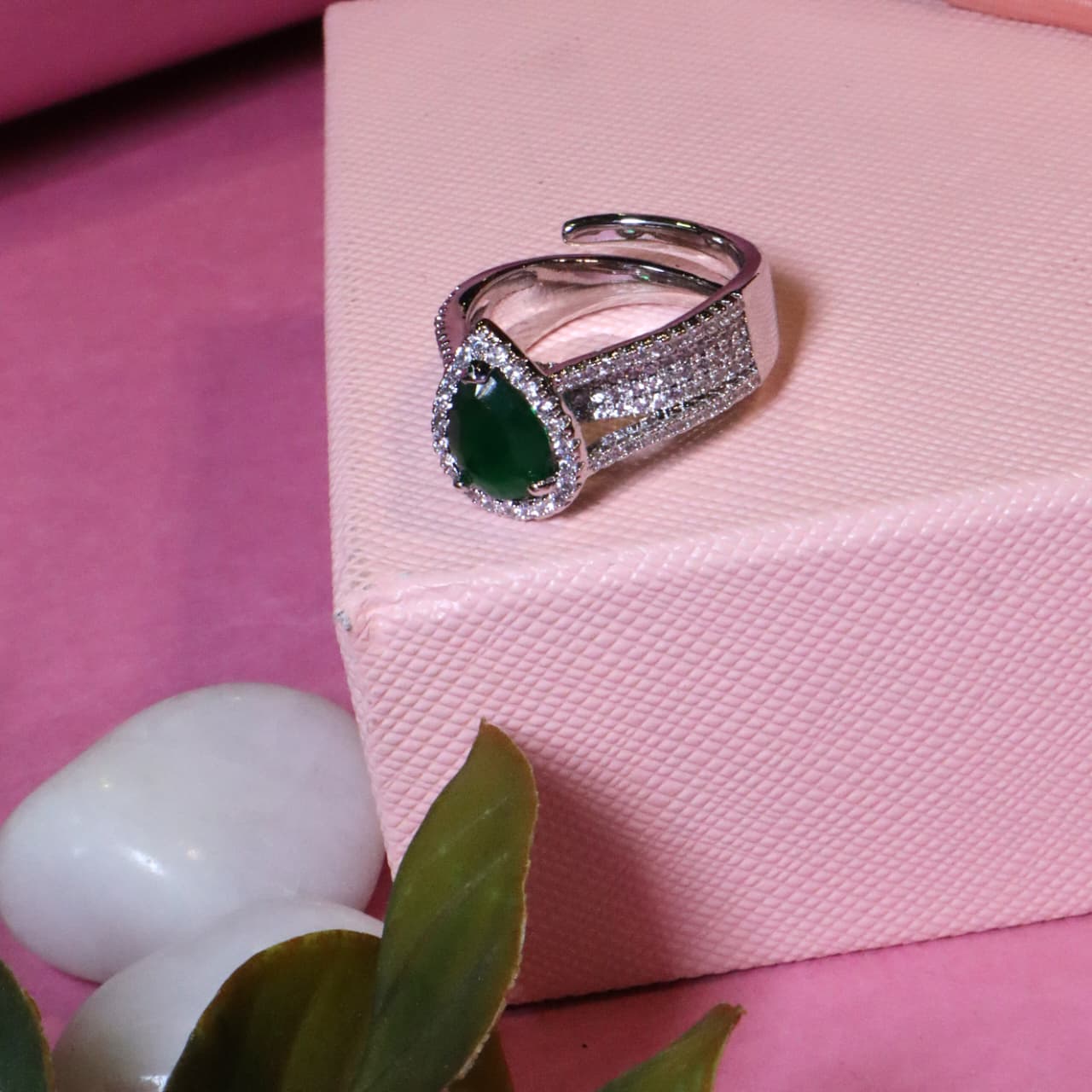 Luxurious Adjustable Ring with Pear-Cut Green Gemstone, Halo, and Pave Shoulders - SIA455466_A