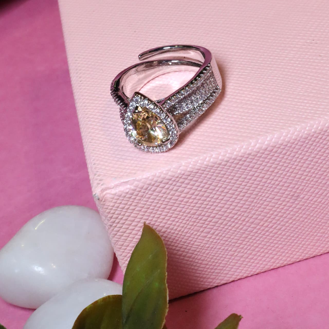 Stylish Adjustable Ring with Pear-Cut Yellow Gemstone, Halo, and Diamond-Accented Split Shank - SIA455468