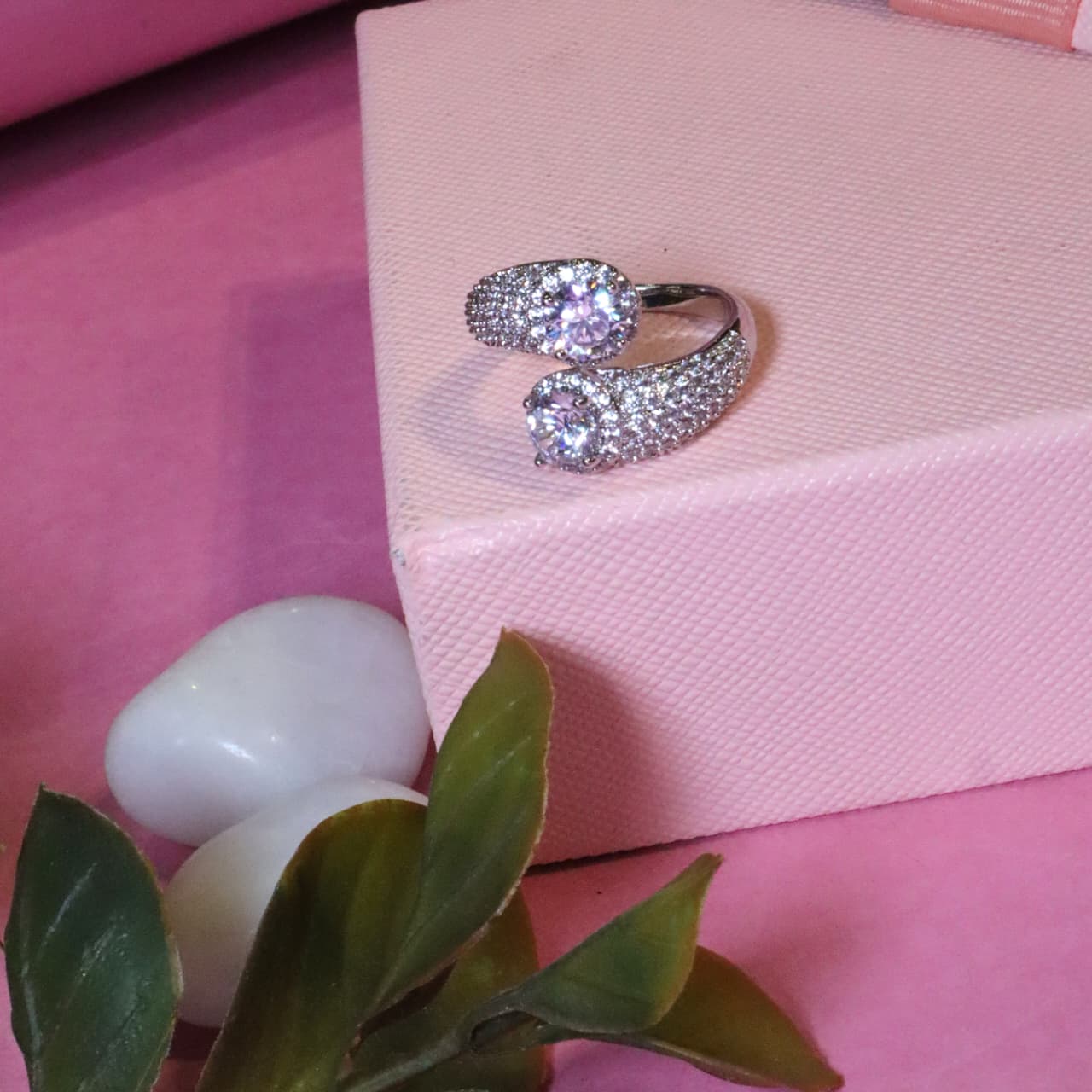 Chic Adjustable Bypass Ring with Two Round-Cut Pink Stones and Pave-Set CZ Accents - SIA455469