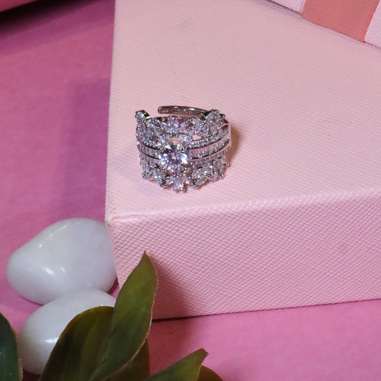 Grand Multi-Layer Adjustable Silver Ring with Floral Zircon Cluster and Marquis Accents - SIA455470