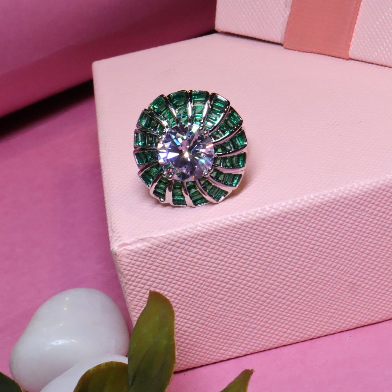 Statement Cocktail Ring with Central Round Diamond and Radial Emerald Baguette-Cut Halo - SIA455474