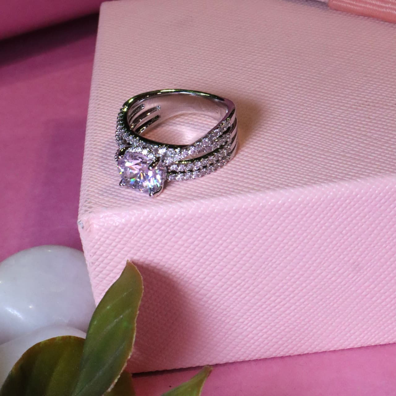 Classic Engagement-Style Ring with Pink Center Stone, Halo, and Triple Pave Band - SIA455476