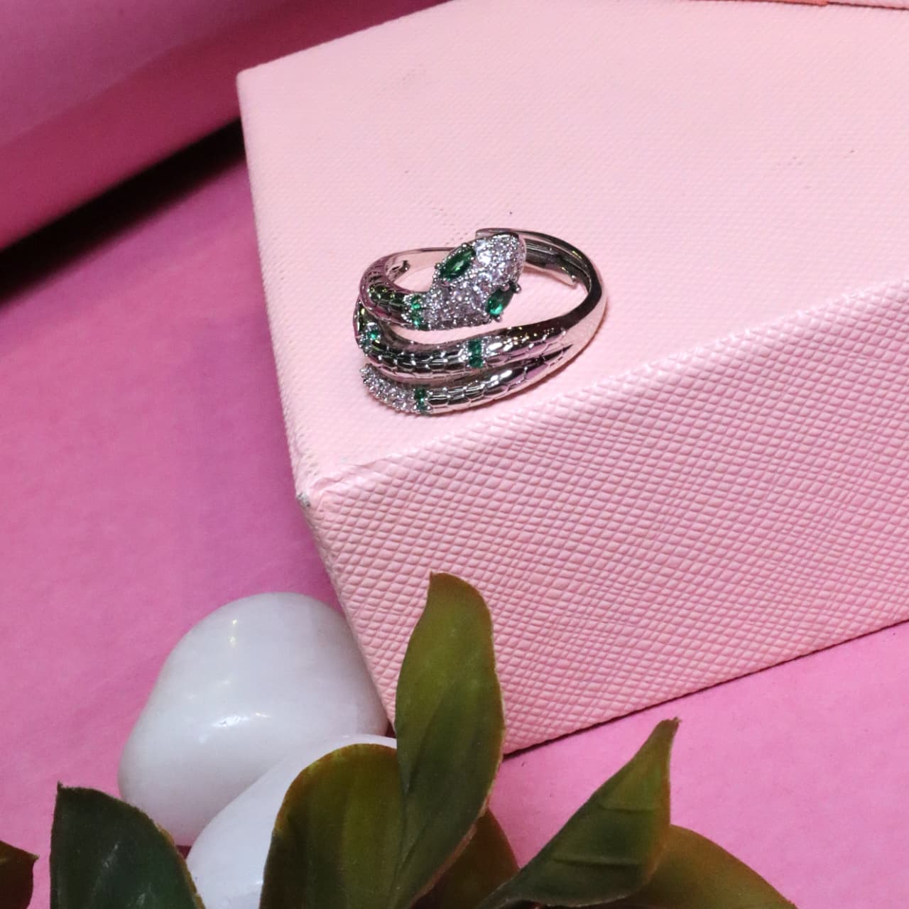 Elegant Adjustable Silver Serpent Ring with Green and Clear Zircon Pave - SIA455478