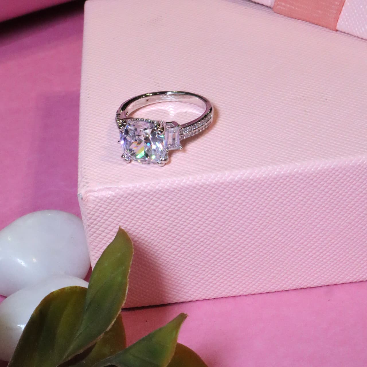 Brilliant Silver Ring with Large Cushion-Cut CZ Center Stone and Step-Cut Side Accents - SIA455481