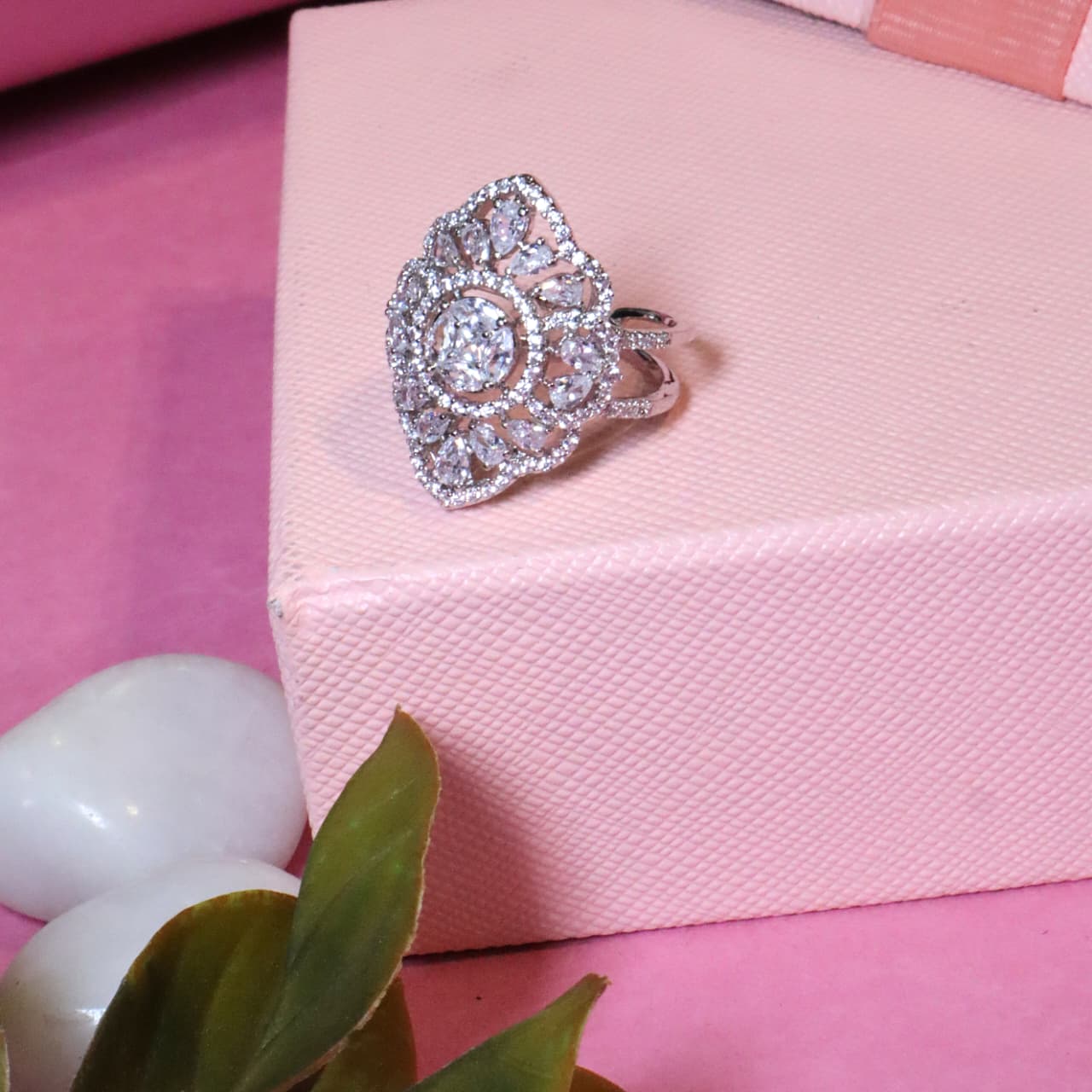 Vintage-Inspired Silver Cocktail Ring with Elongated Marquise Shape and Intricate Zircon Pave - SIA455482