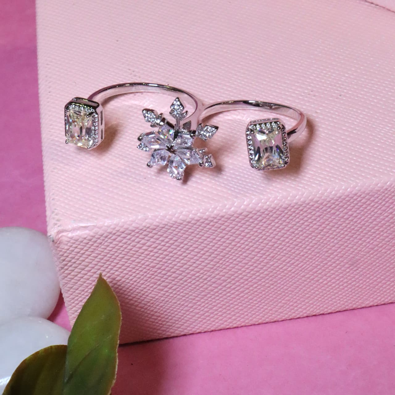 Two-Finger Adjustable Ring with Central Zircon Snowflake and Emerald-Cut End Stones - SIA455483