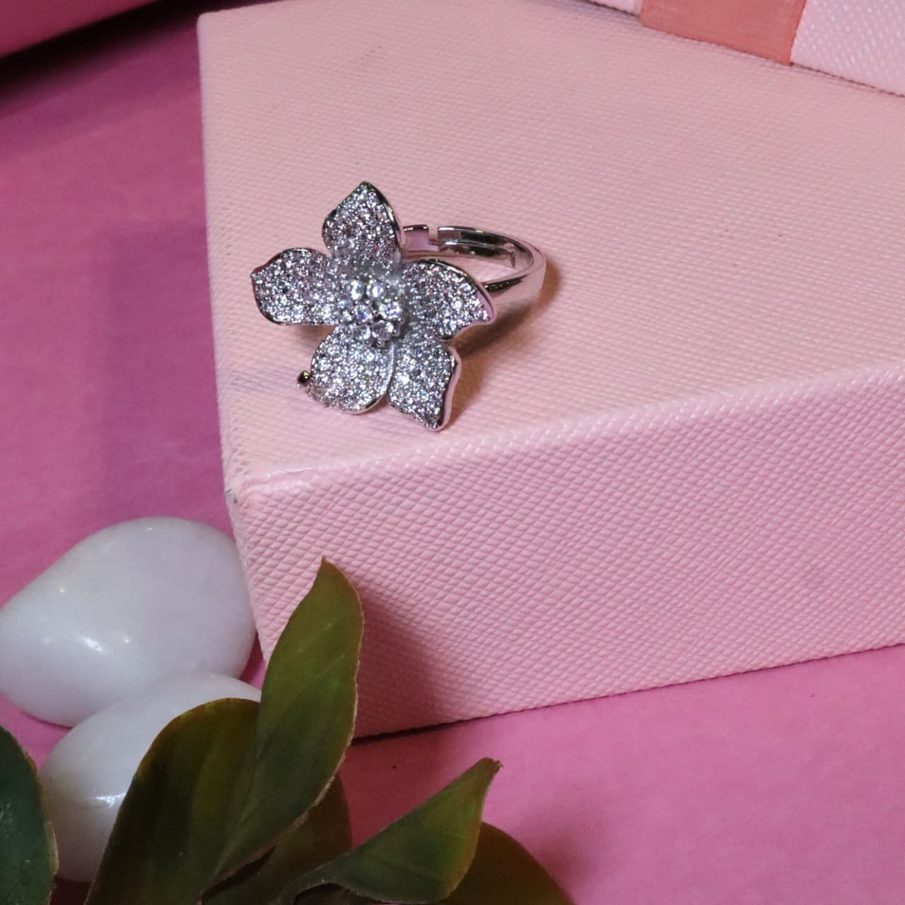 Sparkling Pave-Set Zircon Flower Adjustable Cocktail Ring - SIA455484