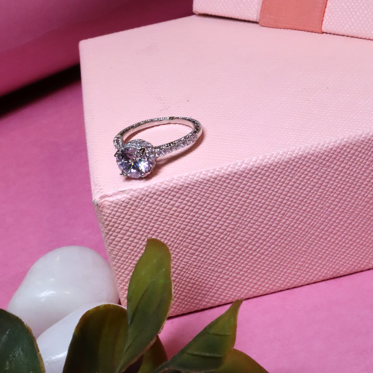 Classic Silver Solitaire Ring with Round-Cut Pink Stone, Halo, and Pave Band - SIA455485