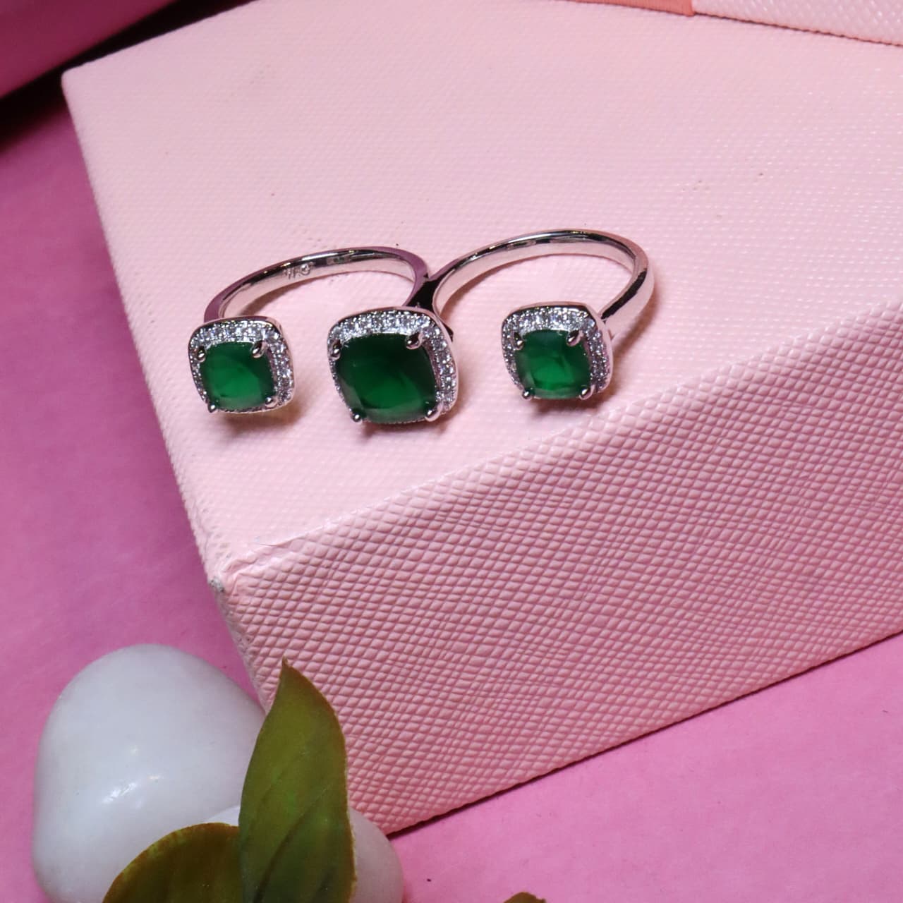 Chic Two-Finger Adjustable Ring with Three Green Cushion-Cut Gemstones and Zircon Halos - SIA455487