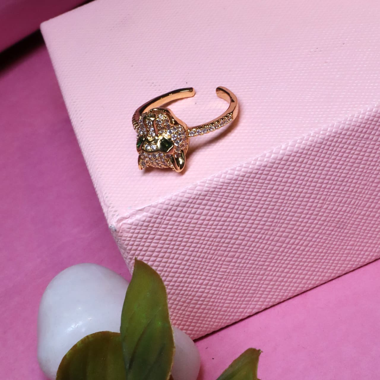 Bold Adjustable Gold-Toned Ring with Pave Panther Head and Green Eye Accents - SIA455488