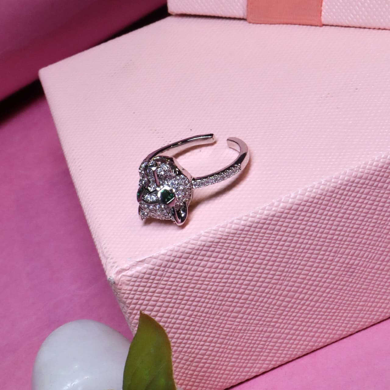 Adjustable Silver Panther Head Ring with Pave Zircon Detailing and Green Gemstone Eyes - SIA455489