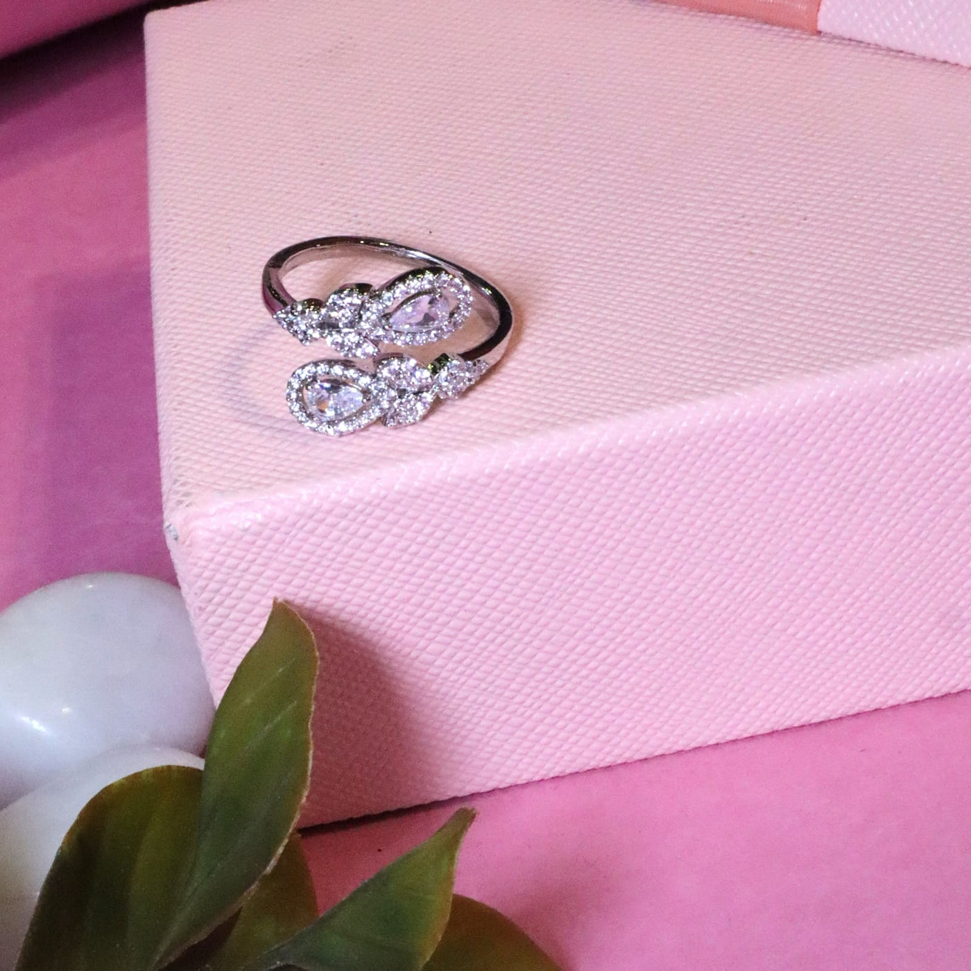 Elegant Adjustable Bypass Ring with Pear-Cut Center Stones and Floral Zircon Clusters - SIA455491