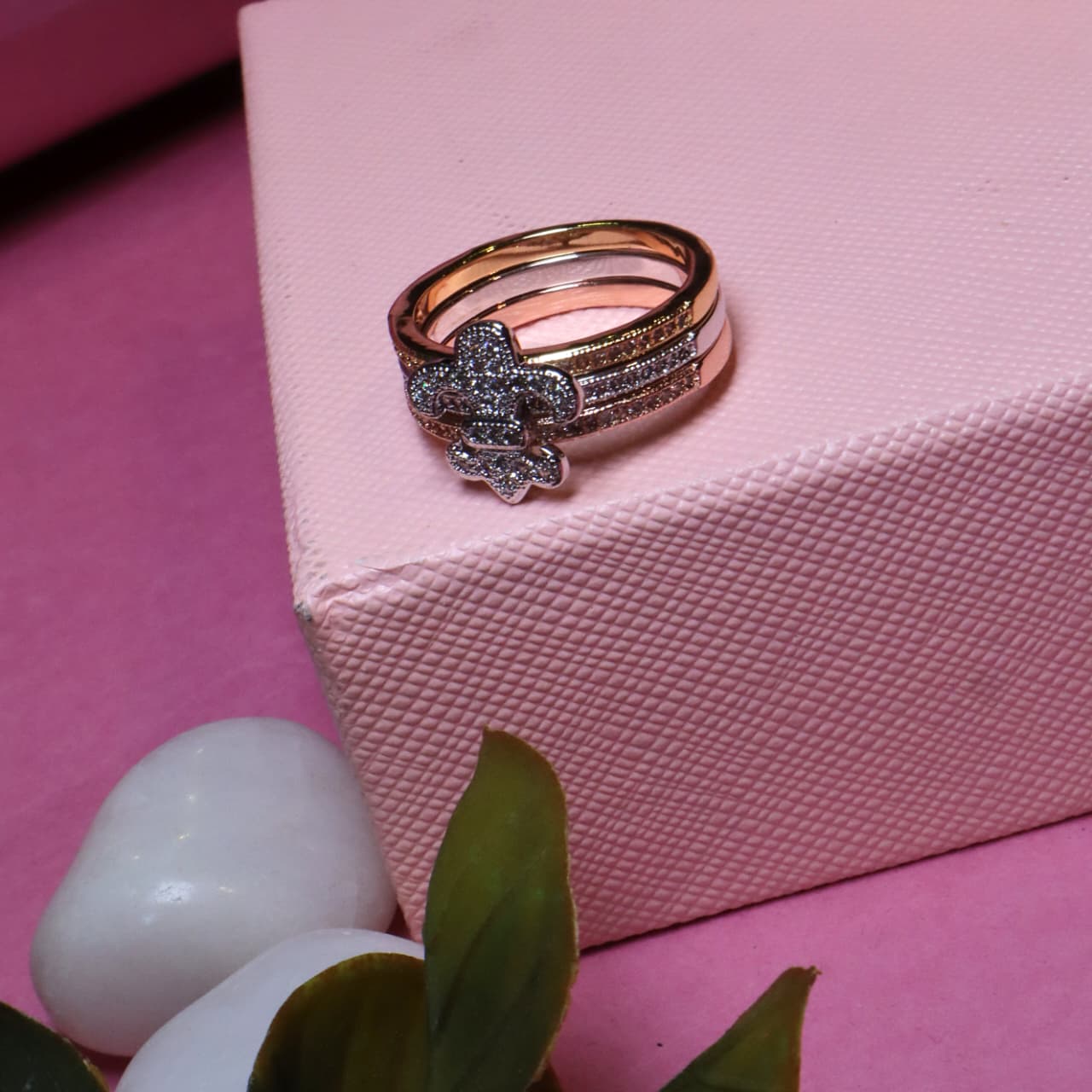 Rose Gold Multi-Band Ring Set with Pave Zircon Fleur-de-Lis Motif - SIA455493