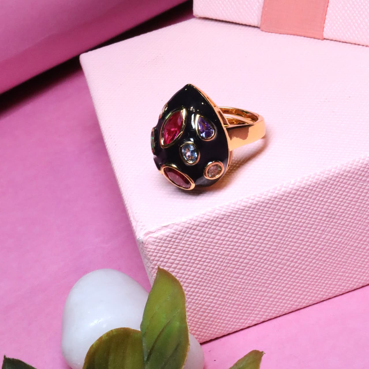 Dramatic Gold-Toned Teardrop Ring with Black Enamel and Multi-Colored Gemstone Accents - SIA455495_A