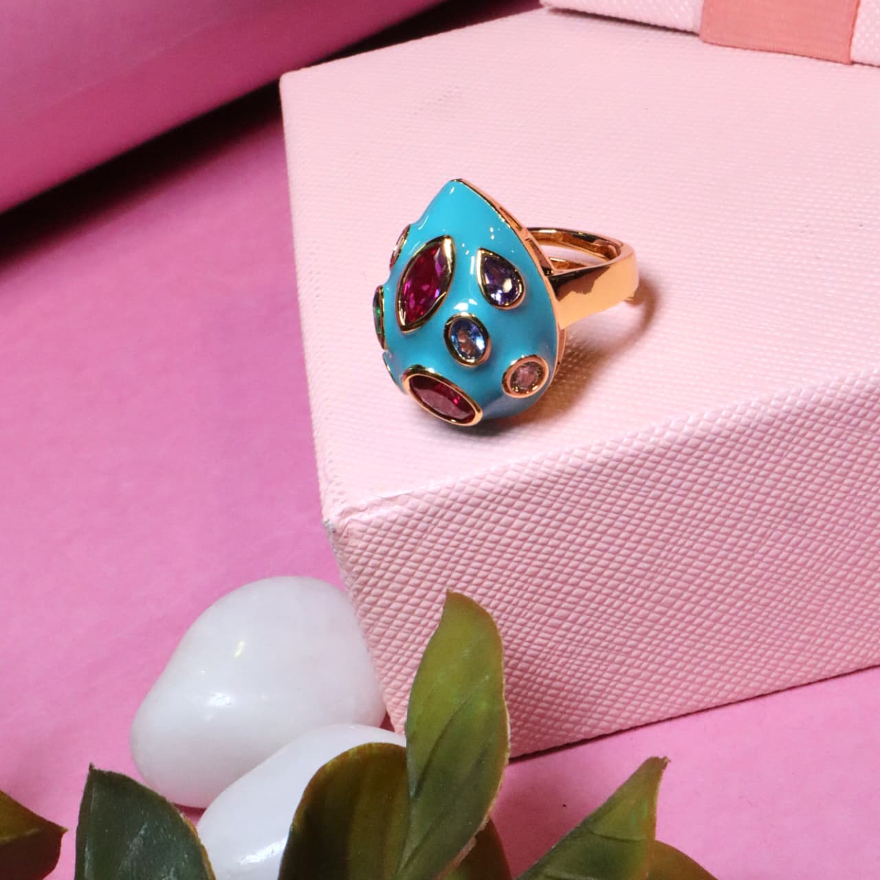 Bold Gold-Toned Teardrop Ring with Turquoise Enamel and Multi-Colored Gemstone Inlays - SIA455495