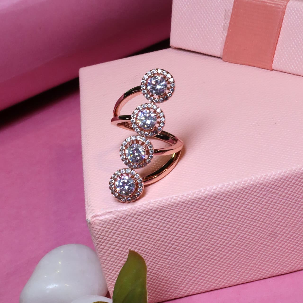 Rose Gold Multi-Row Bypass Ring with Four Round Zircon Clusters and Halo Setting - SIA455499