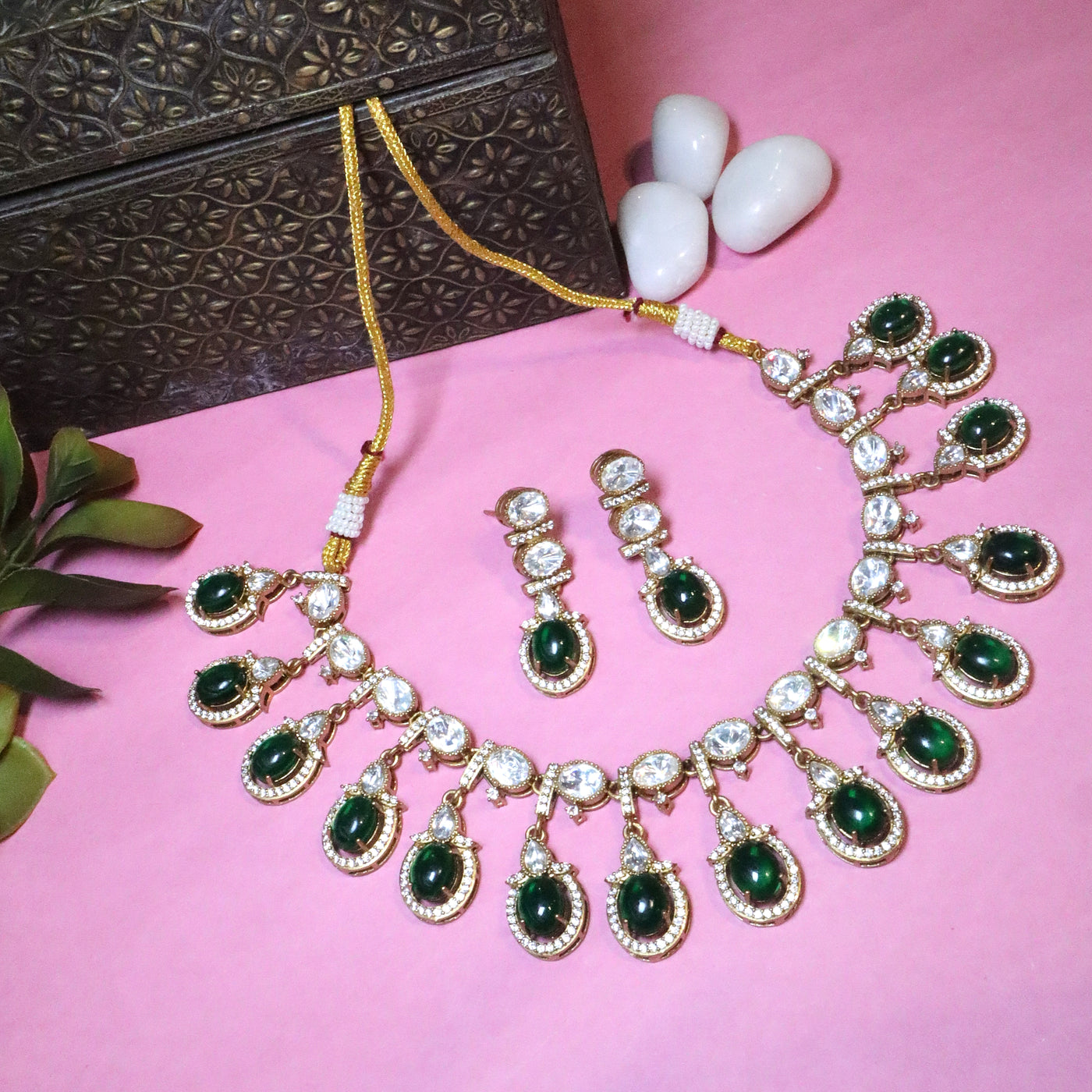 Stunning Kundan and Emerald-Green Stone Drop Necklace Set - SIA455515