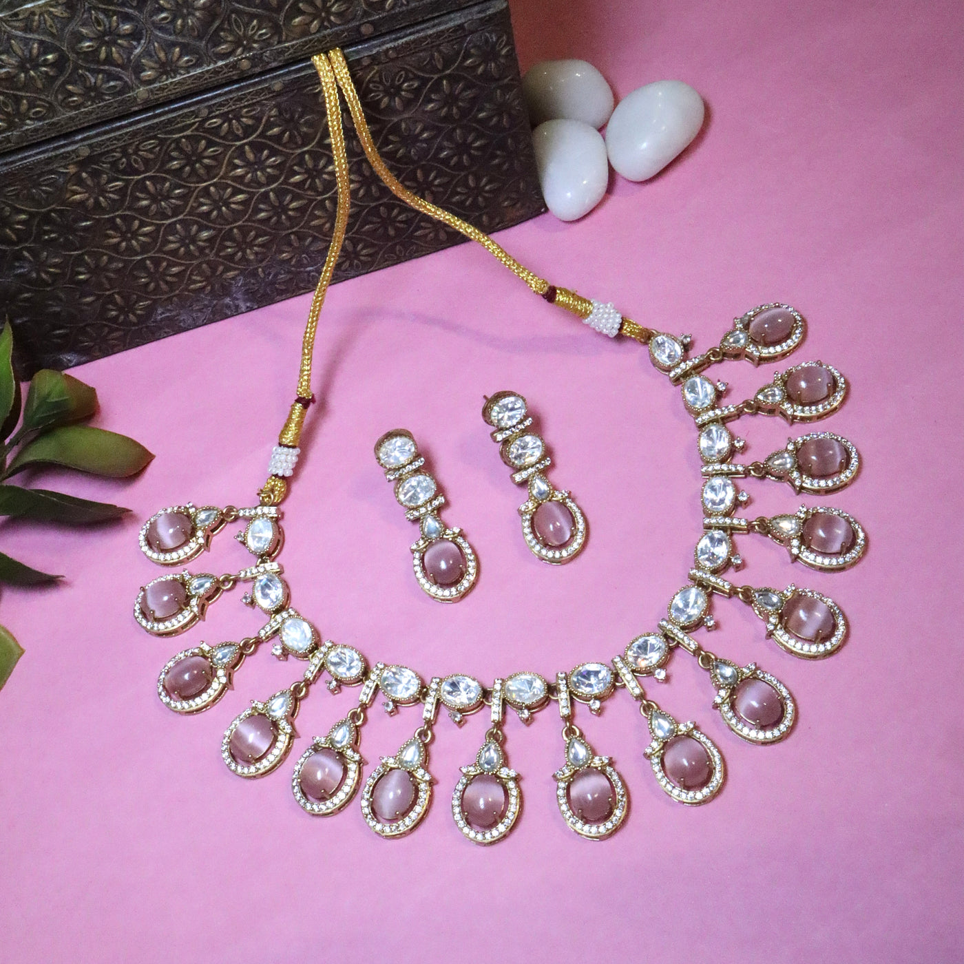 Elegant Mauve Cat's Eye Stone and Kundan-Style Necklace Set with Matching Earrings - SIA455516