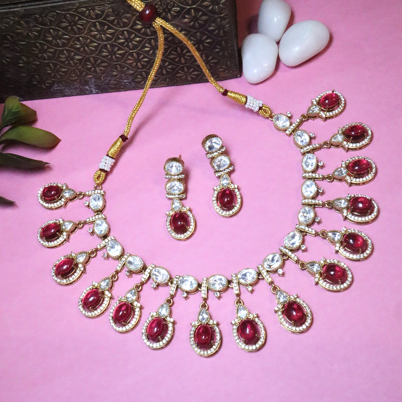 Ruby Red Cabochon and Kundan Stone Statement Necklace Set - SIA455517