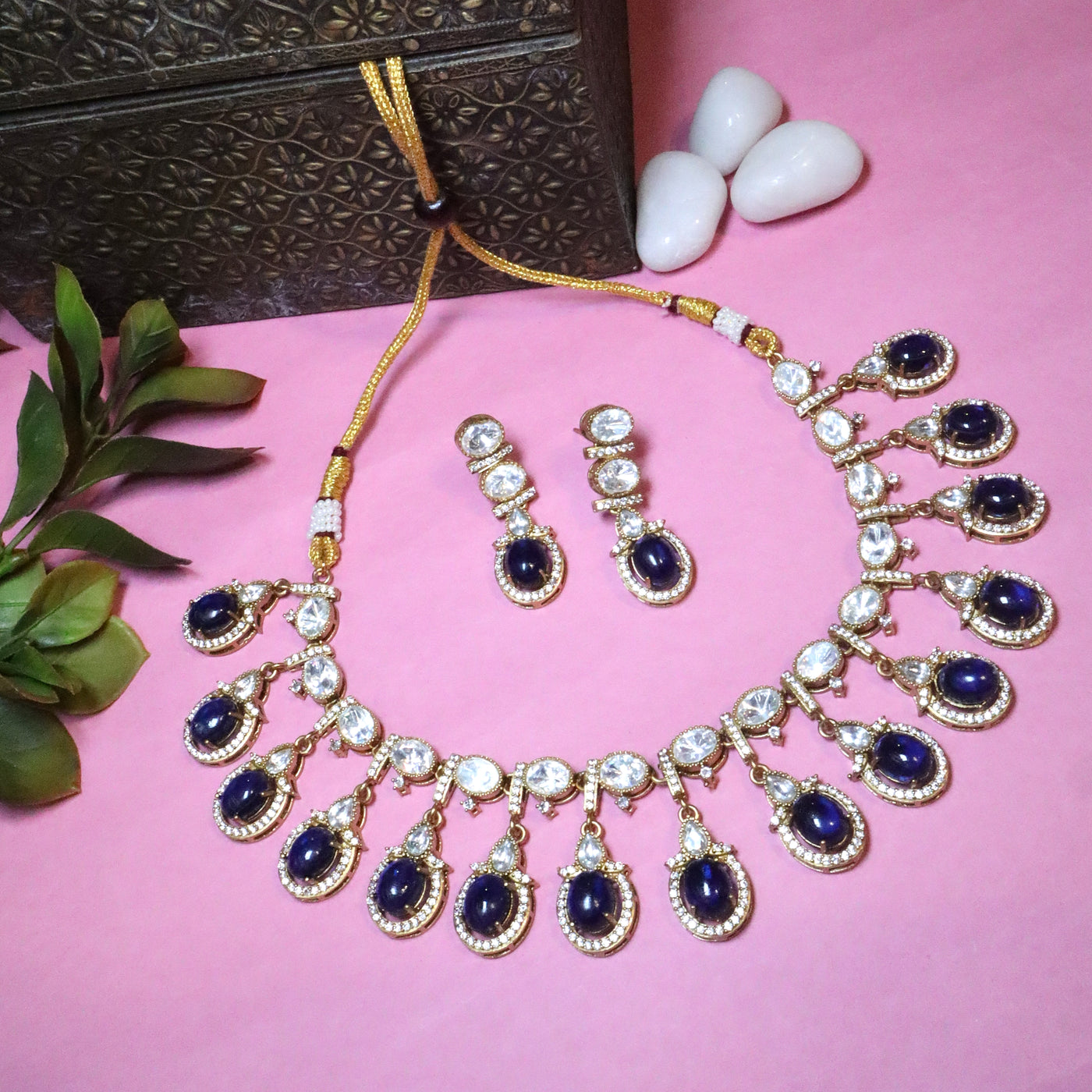 Deep Sapphire Blue Cabochon and White Kundan Necklace and Earring Set - SIA45519