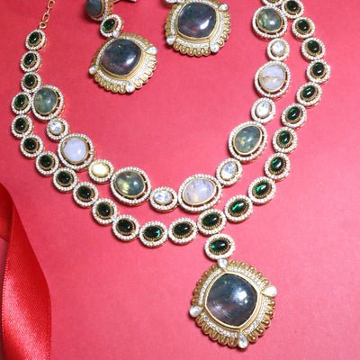 Natural Semi-Precious Stone Necklace Set in Moss Green & White - SIA455610